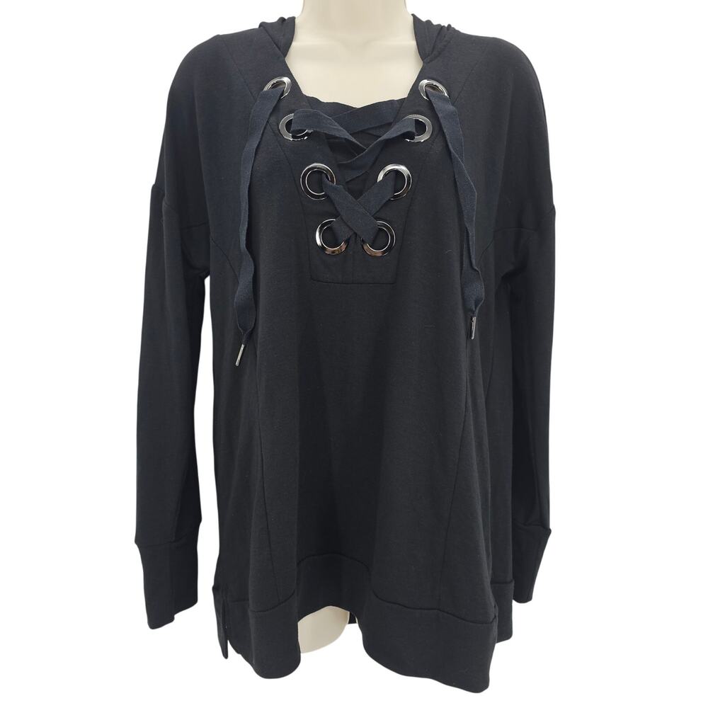 Cable & Gauge Womans size M Lace Up Grommet Hoodie Long Sleeve T-Shirt Black